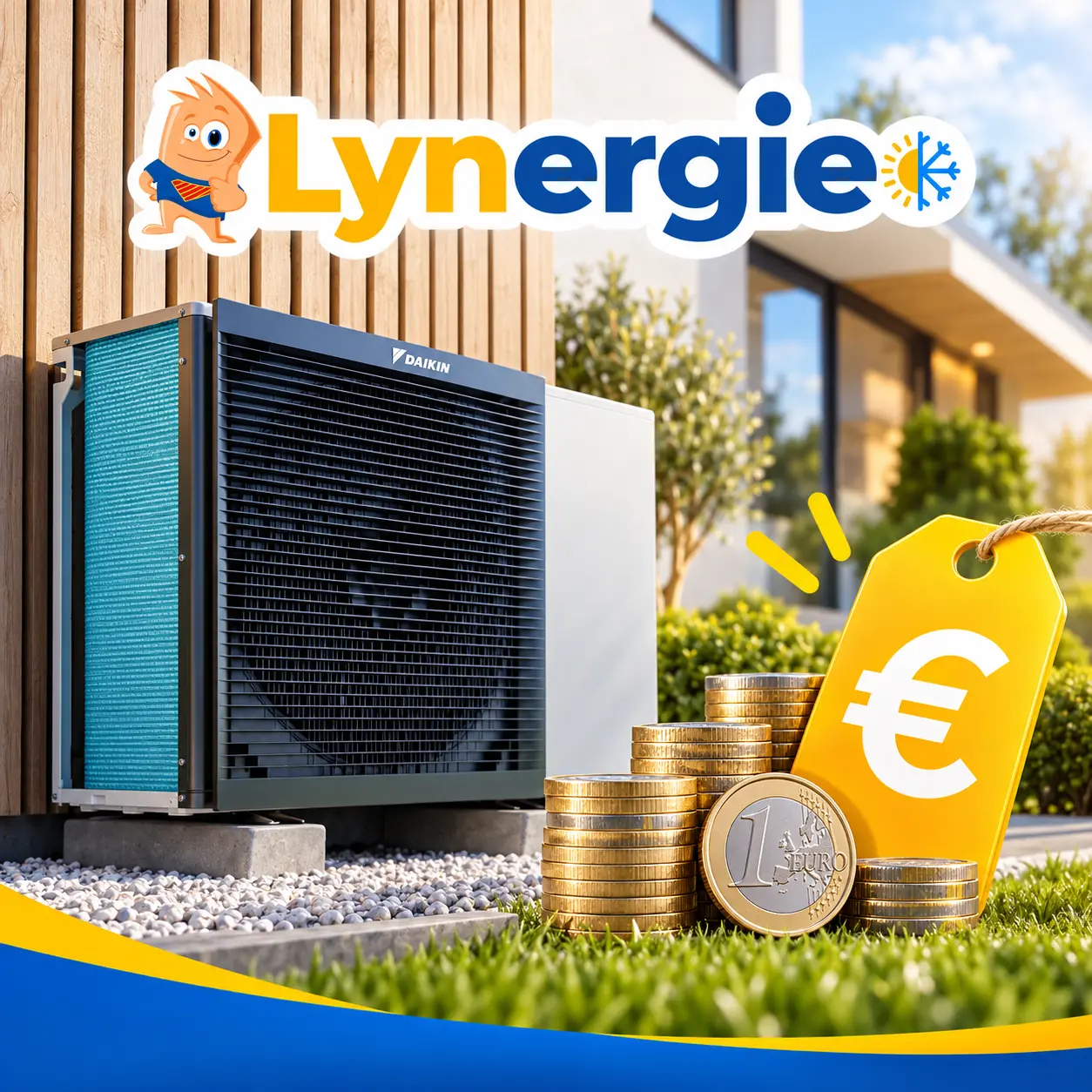 Pompe à chaleur Lynergie avec étiquette de prix illustrant les aides financières