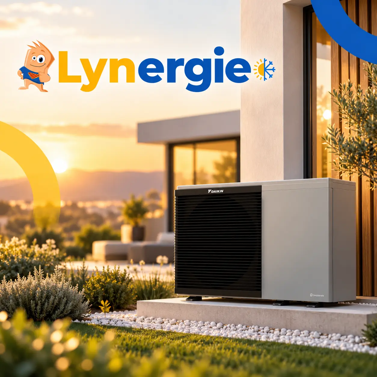 Pompe à chaleur Lynergie installée silencieusement devant une maison contemporaine