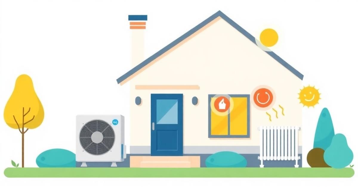 Maison équipée d'une pompe à chaleur avec unité extérieure et radiateurs à l'intérieur